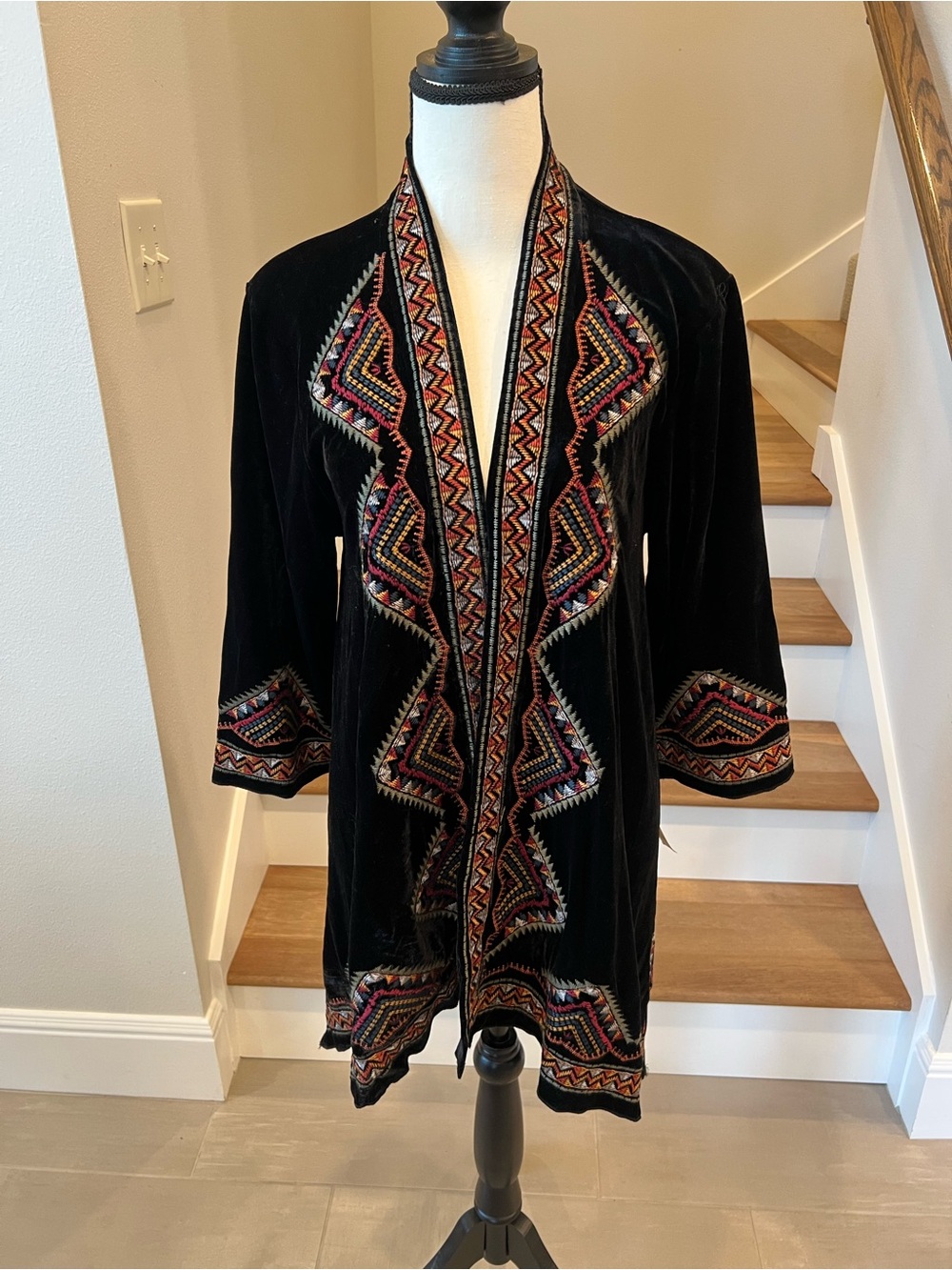 Black Velvet Open-Front Cardigan with Multicolor Embroidered Trim